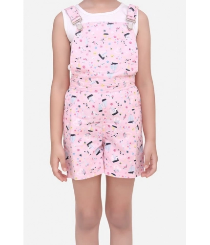 Girl's Inner- Cotton Printed Sleeveless Dungaree (Light Pink)