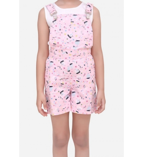Girl's Inner- Cotton Printed Sleeveless Dungaree (Light Pink)
