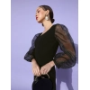 Women's Organza And Polyester Lycra Solid Long Sleeves Dress (Black)