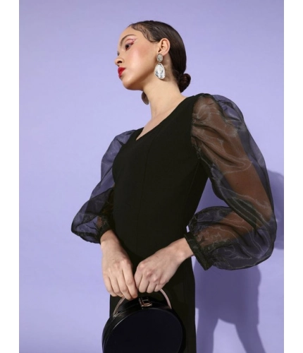 Women's Organza And Polyester Lycra Solid Long Sleeves Dress (Black)