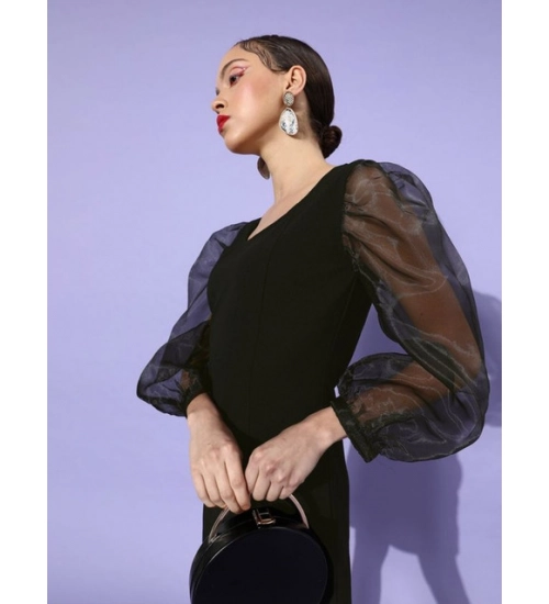 Women's Organza And Polyester Lycra Solid Long Sleeves Dress (Black) Women's Organza And Polyester Lycra Solid Long Sleeves Dress (Black)