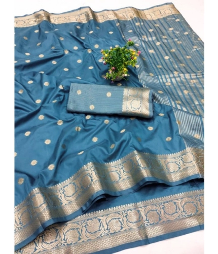 Women's Jacquard Silk Jaquard Woven Saree With Unstitched Blouse 5.5Mtr (Light Blue)