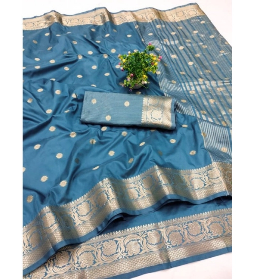 Women's Jacquard Silk Jaquard Woven Saree With Unstitched Blouse 5.5Mtr (Light Blue)