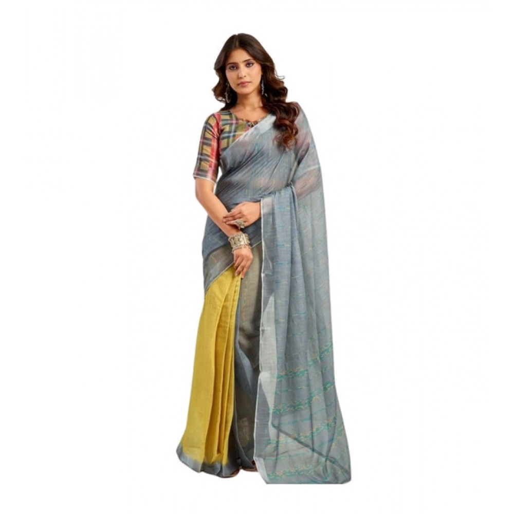 Women's Linen Cotton Printed Ready To Wear Saree With Unstitched Blouse 5.5 Mtr (Grey)