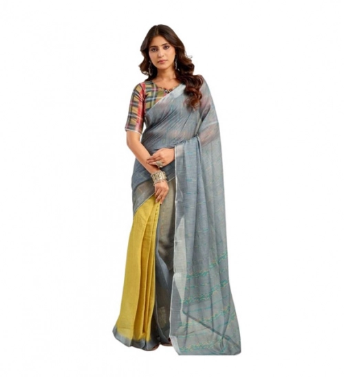 Women's Linen Cotton Printed Ready To Wear Saree With Unstitched Blouse 5.5 Mtr (Grey)