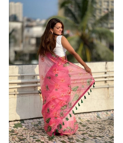 Women's Linen Printed Saree With Unstitched Blouse 5.5Mtr (Pink)