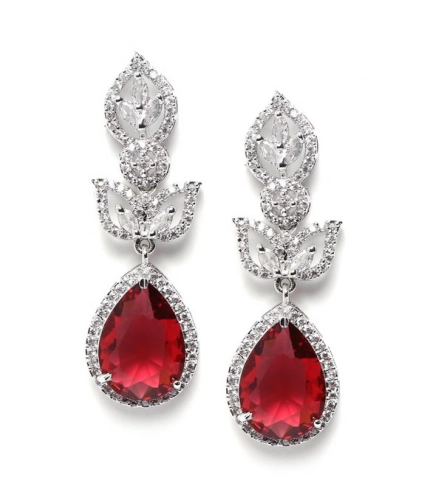 Women's Brass Silver Plated Drop Earrings (Red)