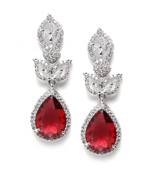 Women's Brass Silver Plated Drop Earrings (Red)