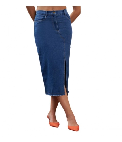 Women's Denim Lycra Solid Button Skirt (Blue)