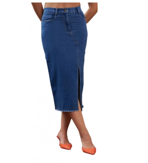 Women's Denim Lycra Solid Button Skirt (Blue)