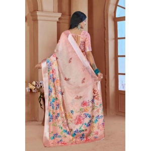 Generic Women's Printed Cotton Linen Saree withPrinted  Saree With Unstitched Blouse (Pink , 5-6Mtrs)