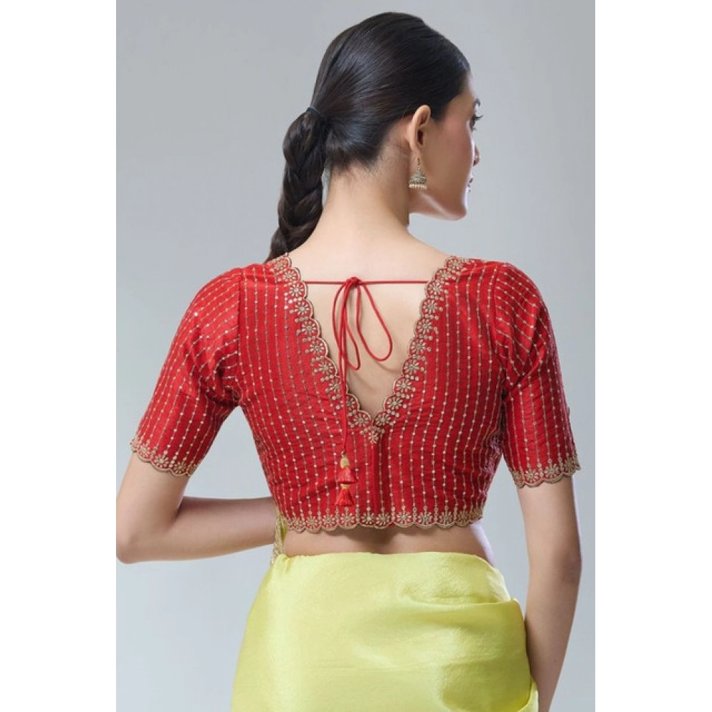 Women's Banarasi Silk Sequence V Neck Non Padded Blouse (Red 38 Ready (Alterable up to 42)
