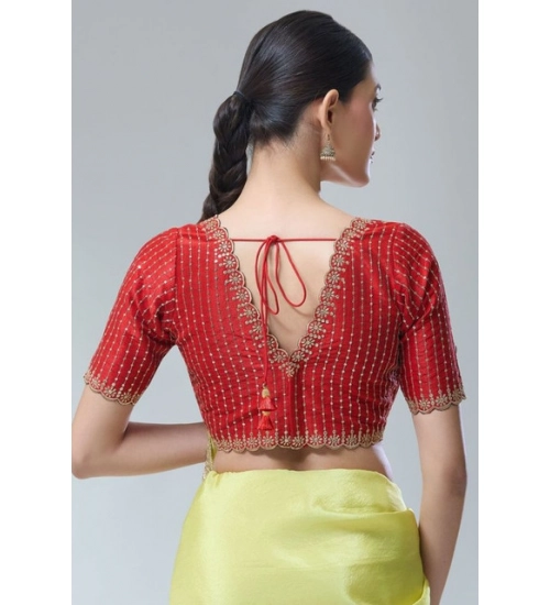 Women's Banarasi Silk Sequence V Neck Non Padded Blouse (Red 38 Ready (Alterable up to 42)