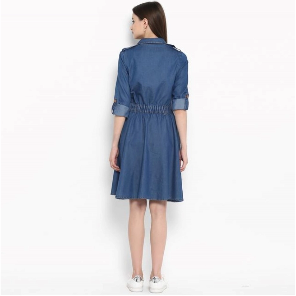 Women's Denim Solid Roll Up Sleeve Dress (Blue)