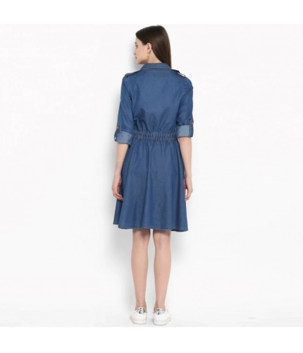 Women's Denim Solid Roll Up Sleeve Dress (Blue)