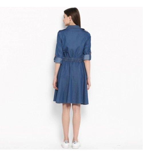 Women's Denim Solid Roll Up Sleeve Dress (Blue) Women's Denim Solid Roll Up Sleeve Dress (Blue)