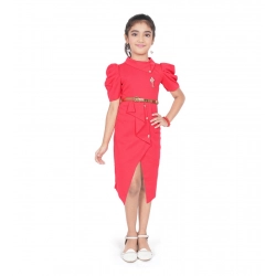 Girl's Cotton Lycra Soild Short Sleeve Close Neck Dress (Pink)