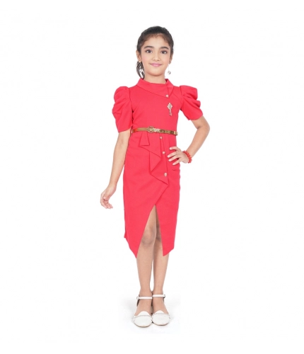 Girl's Cotton Lycra Soild Short Sleeve Close Neck Dress (Pink)