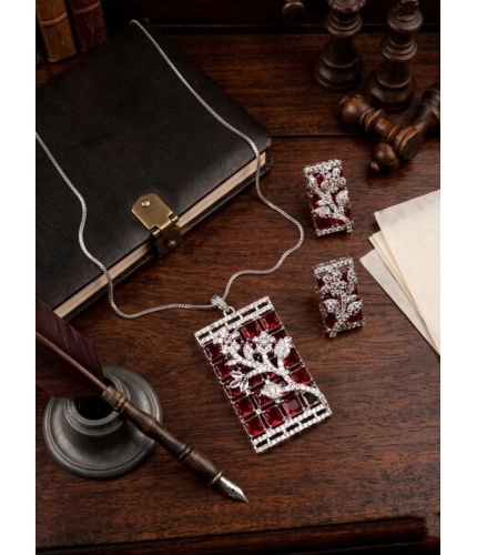 Women's Brass Silver Plated Pendant Set (Red)
