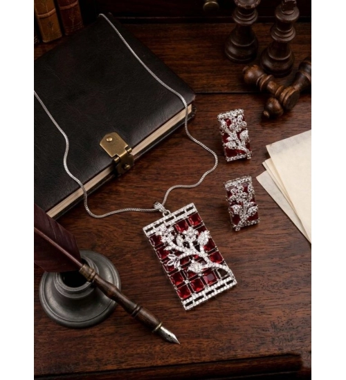Women's Brass Silver Plated Pendant Set (Red)