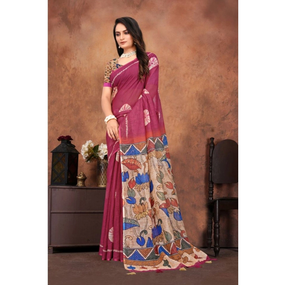 Women's Linen Printed Saree With Unstitched Blouse 5.5Mtr (Purple) Women's Linen Printed Saree With Unstitched Blouse 5.5Mtr (Purple)