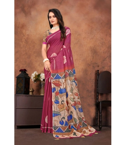Women's Linen Printed Saree With Unstitched Blouse 5.5Mtr (Purple) Women's Linen Printed Saree With Unstitched Blouse 5.5Mtr (Purple)