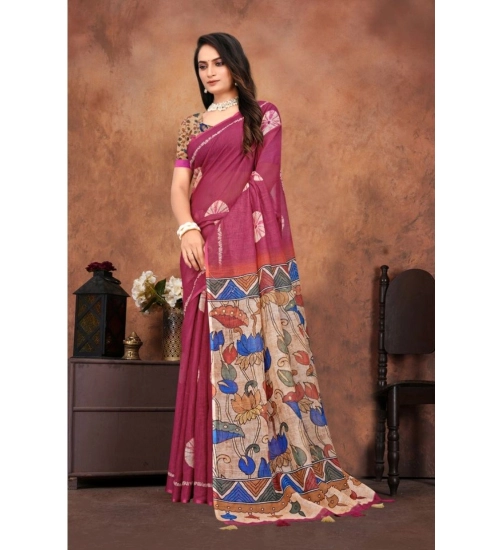 Women's Linen Printed Saree With Unstitched Blouse 5.5Mtr (Purple)
