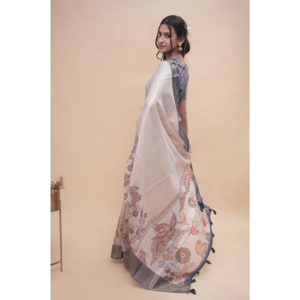 Women's Polyester Printed Saree With Unstitched Blouse 5.5 Mtr (Off-White)
