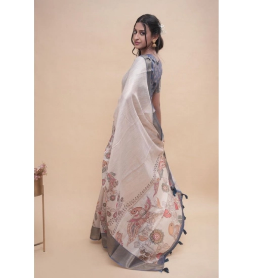 Women's Polyester Printed Saree With Unstitched Blouse 5.5 Mtr (Off-White)