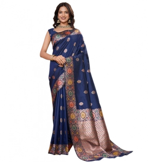 Women's Faux_Banarasi_Silk Woven Saree With Unstitched Blouse 5.5Mtr (Navy_Blue)