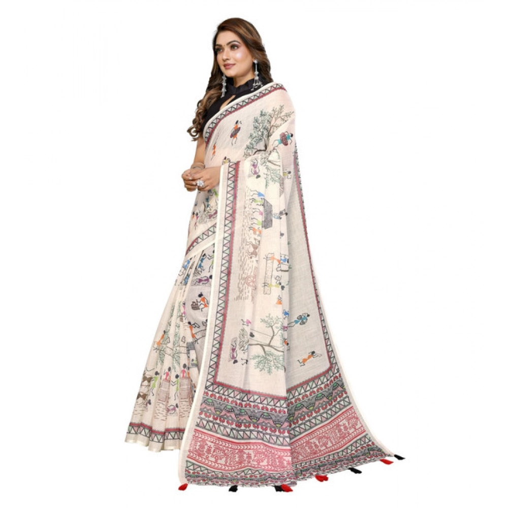 Women's Linen Cotton Printed Saree With Unstitched Blouse 5.5Mtr (Off White)