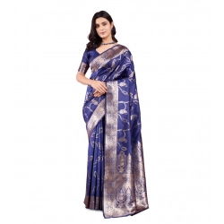 Women's Banarasi Silk Printed Saree With Unstitched Blouse 5.5Mtr (Blue)