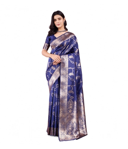 Women's Banarasi Silk Printed Saree With Unstitched Blouse 5.5Mtr (Blue)