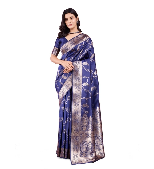 Women's Banarasi Silk Printed Saree With Unstitched Blouse 5.5Mtr (Blue)
