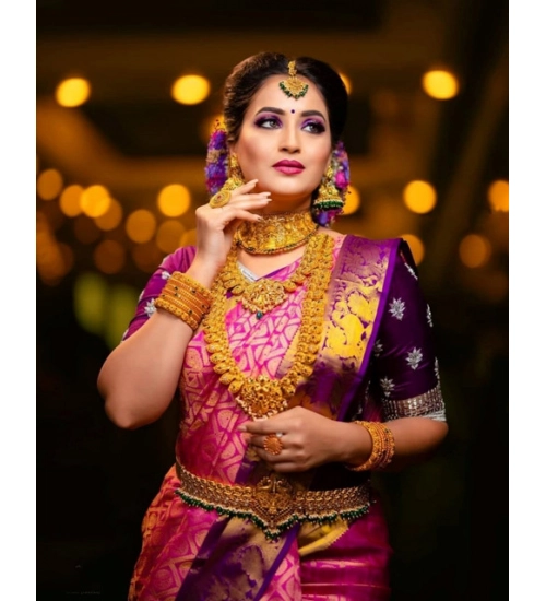 Women's Soft Lichi Silk Printed Saree With Unstitched Blouse 5.5Mtr (Pink)