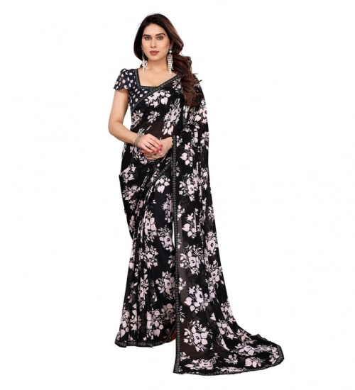Women's Georgette Printed Saree With Unstitched Blouse 5.5Mtr (Black)