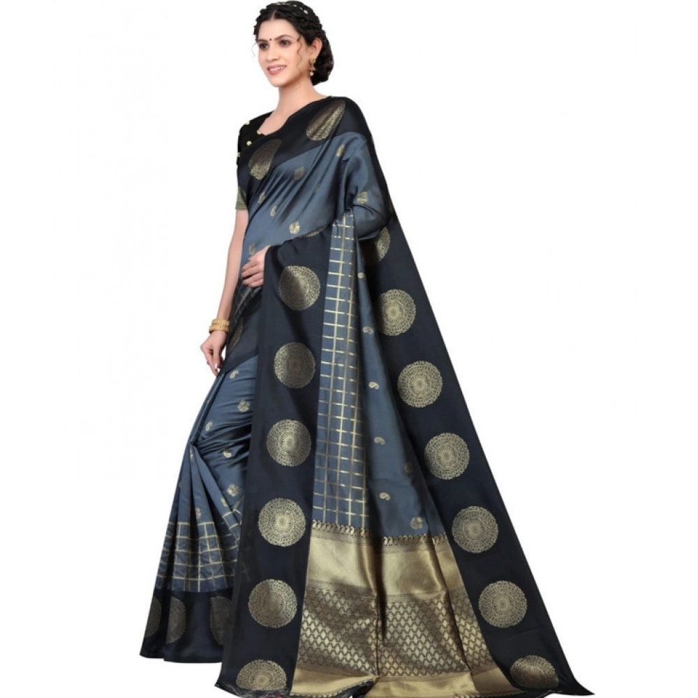 Women's Soft Lichi Silk Printed Saree With Unstitched Blouse 5.5Mtr (Black)