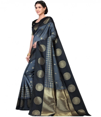 Women's Soft Lichi Silk Printed Saree With Unstitched Blouse 5.5Mtr (Black)