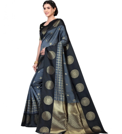 Women's Soft Lichi Silk Printed Saree With Unstitched Blouse 5.5Mtr (Black)