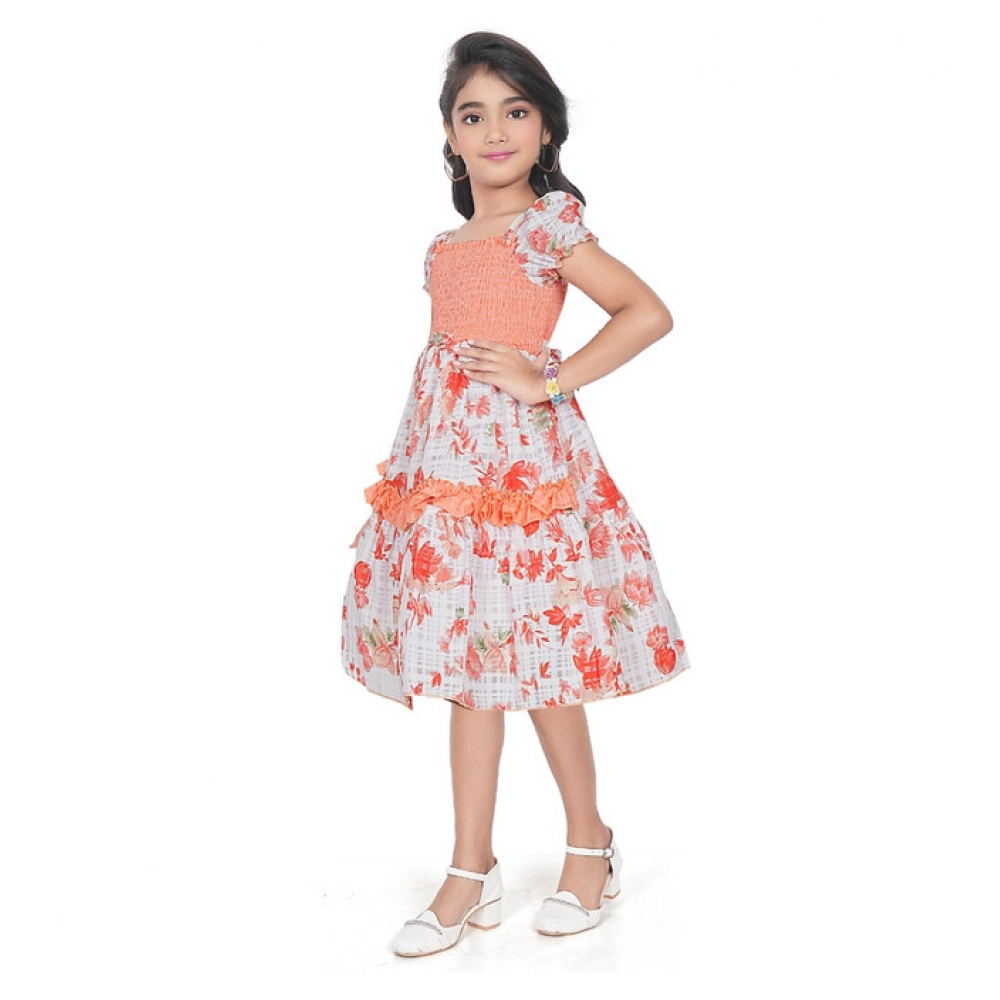 Girl's Twill Printed Short Sleeve Squre Neck Dress (Red) Girl's Twill Printed Short Sleeve Squre Neck Dress (Red)