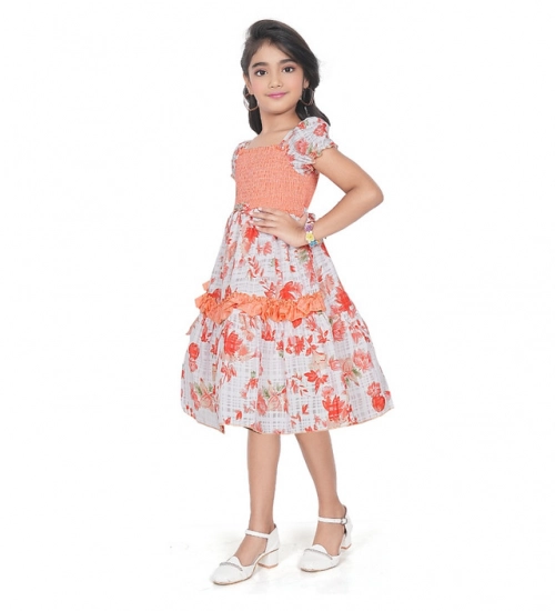 Girl's Twill Printed Short Sleeve Squre Neck Dress (Red)