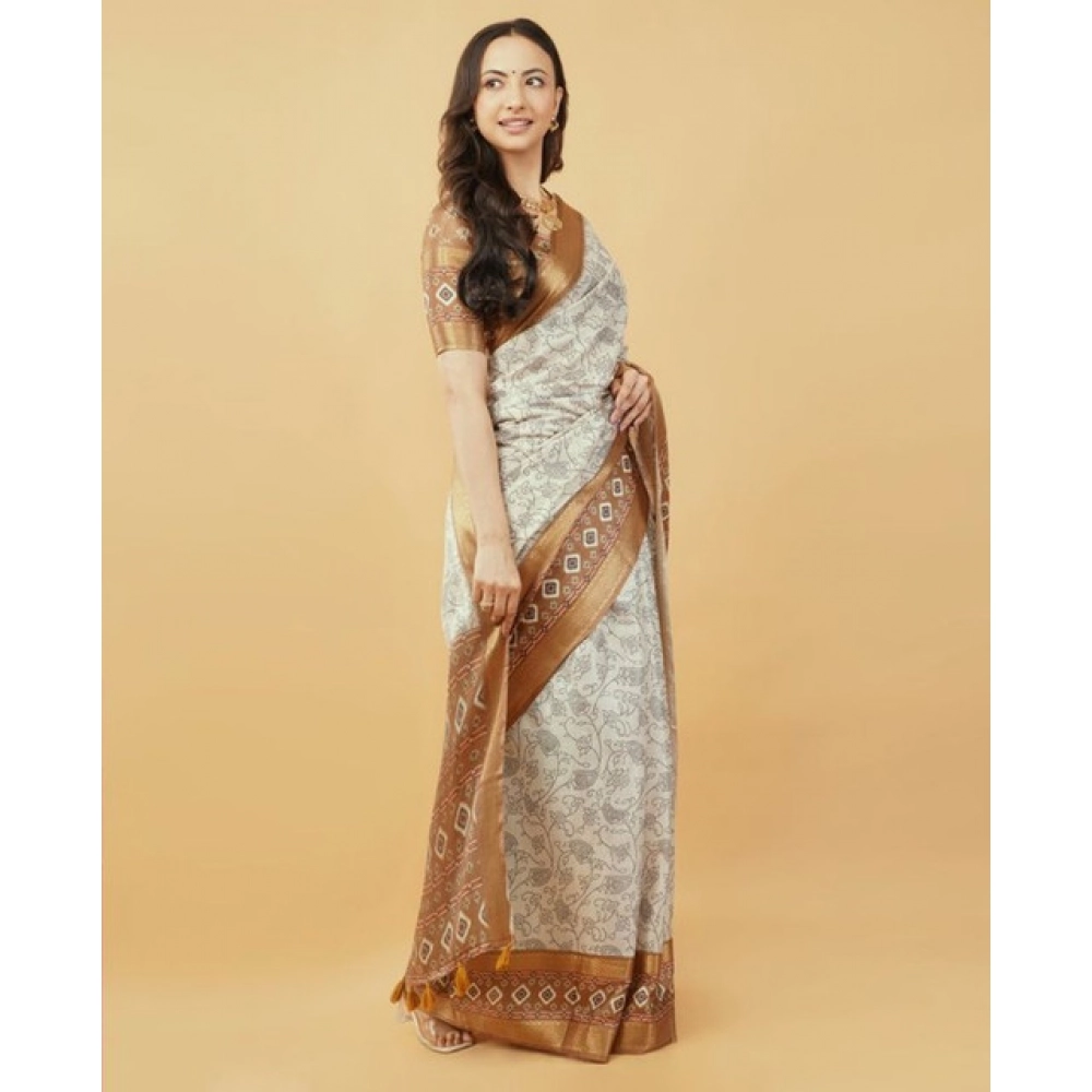 Women's Polyester Printed Saree With Unstitched Blouse 5.5 Mtr (Off-White)