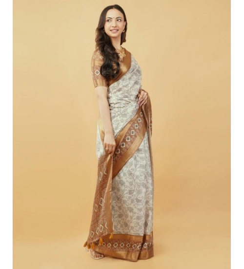 Women's Polyester Printed Saree With Unstitched Blouse 5.5 Mtr (Off-White)