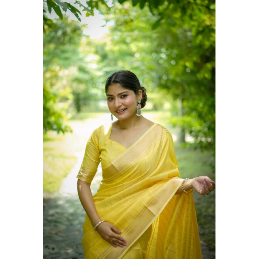 Women's Faux_Banarasi Lining Pattern Saree With Unstitched Blouse 5.5Mtr (Yellow) Women's Faux_Banarasi Lining Pattern Saree With Unstitched Blouse 5.5Mtr (Yellow)