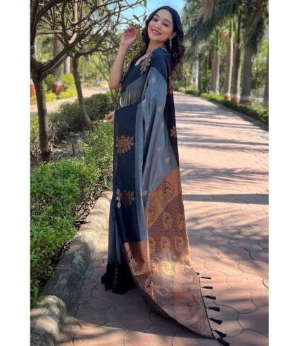 Women's Soft Lichi Silk Printed Saree With Unstitched Blouse 5.5Mtr (Grey) Women's Soft Lichi Silk Printed Saree With Unstitched Blouse 5.5Mtr (Grey)