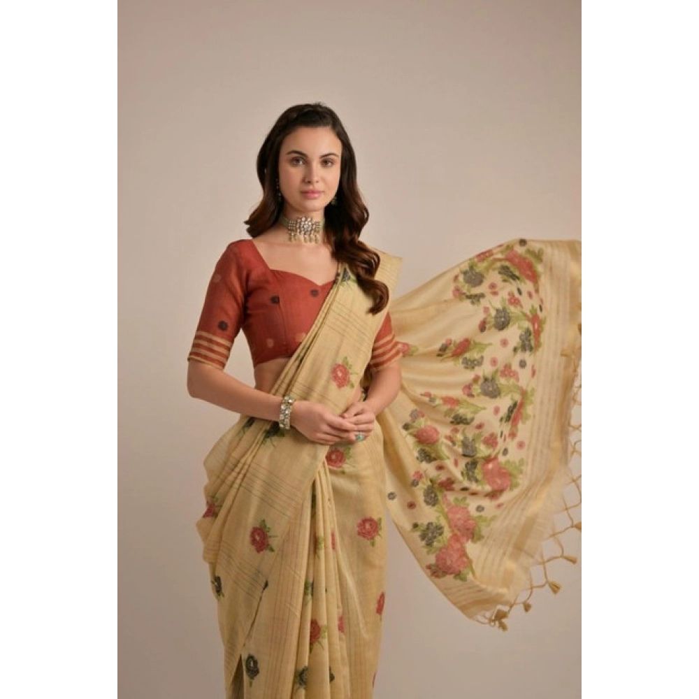 Women's Blended_Cotton Floral Motifs And Woven Buttas Saree With Unstitched Blouse 5.5Mtr (Light_Beige) Women's Blended_Cotton Floral Motifs And Woven Buttas Saree With Unstitched Blouse 5.5Mtr (Light_Beige)