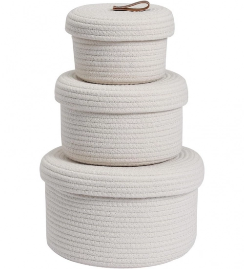 Cotton 3 Pcs Set Roti Box Storage Basket With Lid (White)