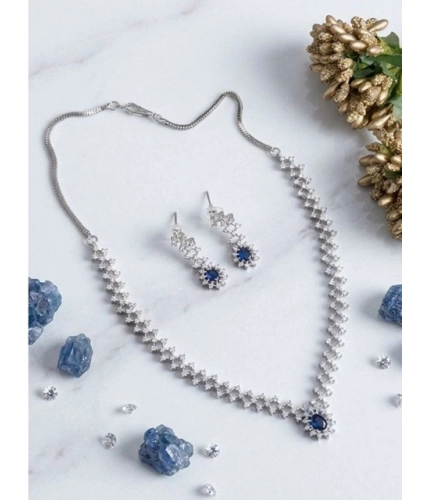 Women's Brass Silver Plated Necklace set (Blue)