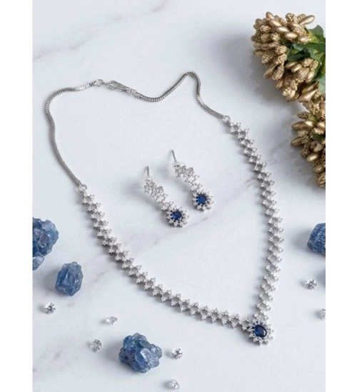 Women's Brass Silver Plated Necklace set (Blue)
