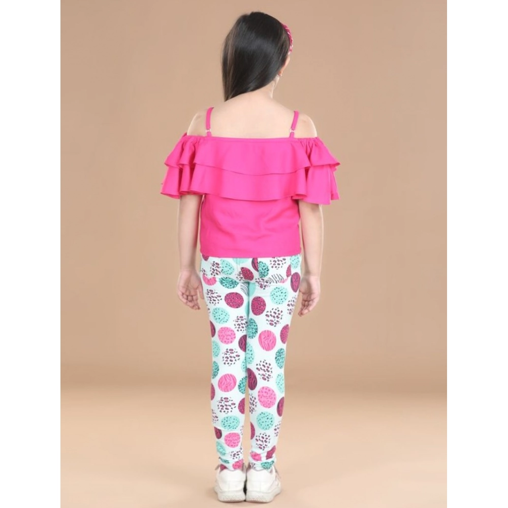Girl's Cotton Floral Elasticated Jegging and Top (Pink)